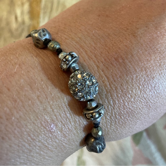 Adjustable Black String Bracelet Rhinestone Pearl Silver Tone Beads LARGE Wrist - Picture 2 of 14